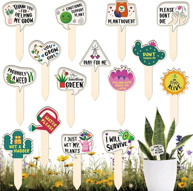 JUYRLE Funny Wooden Plant Labels - 15 Pack Tags for Succulents, Flowers, Greenery; Waterproof, Outdoor Garden Plant Markers; Perfect Gifts for Plant Lovers - Image 1